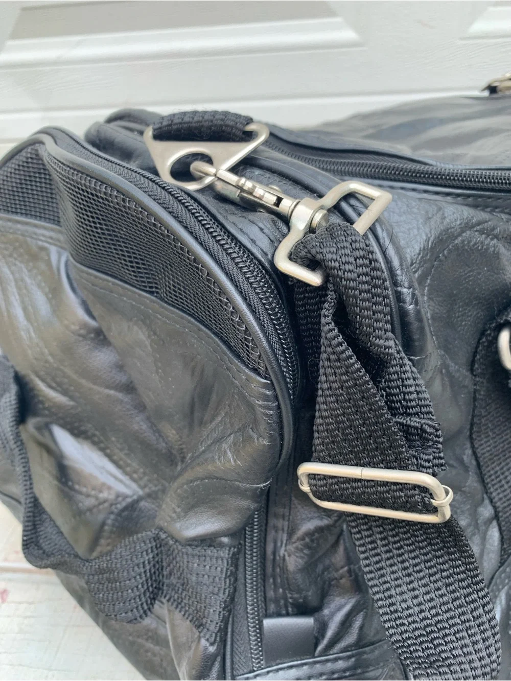 Vintage Seville Black Leather Patchwork Weekender Duffle Travel Bag Gym Pockets